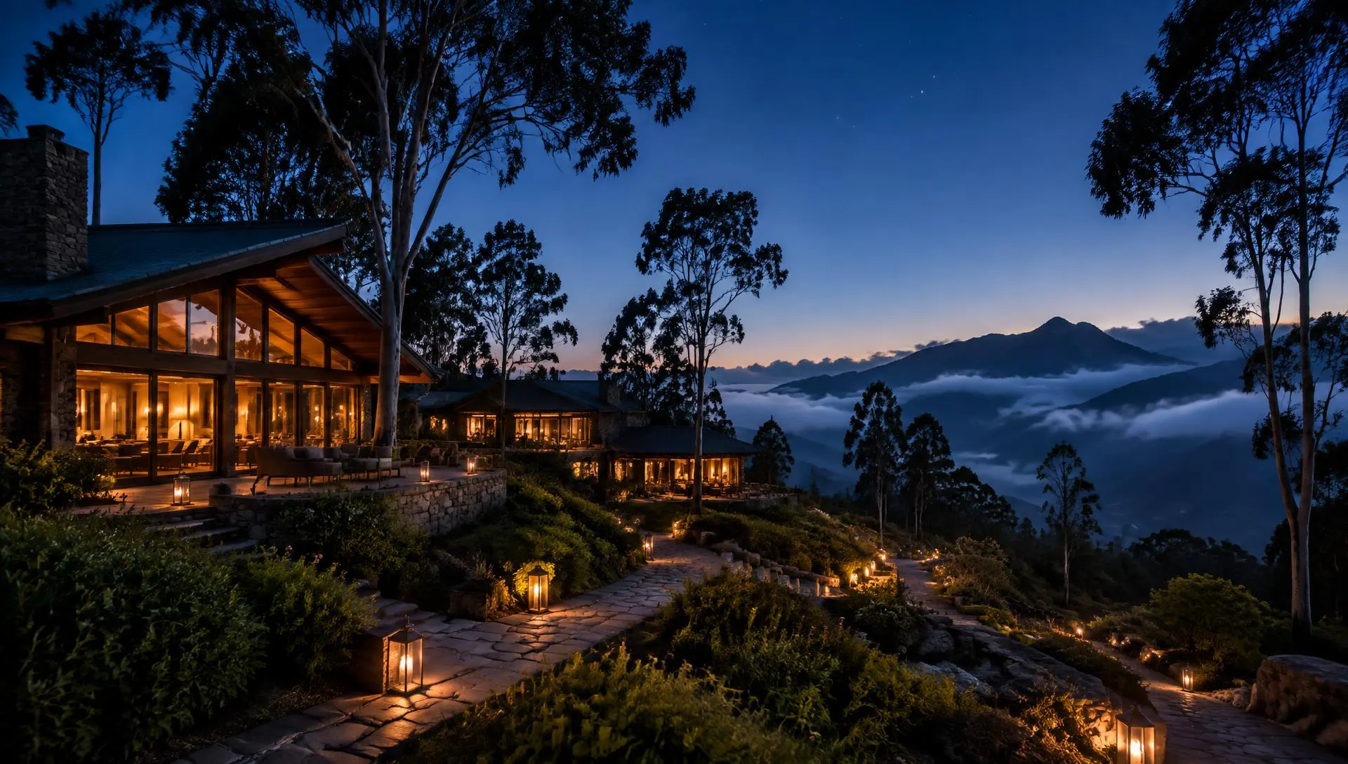 The lodge glowing with lanterns at blue hour beneath the mountains