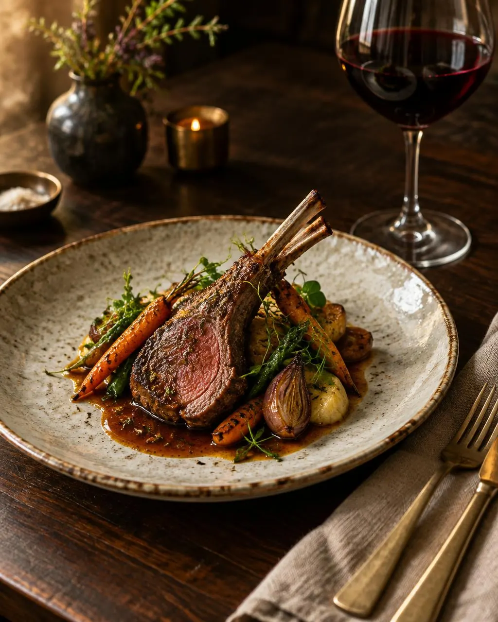 Plated highland lamb with roasted vegetables and a glass of red wine
