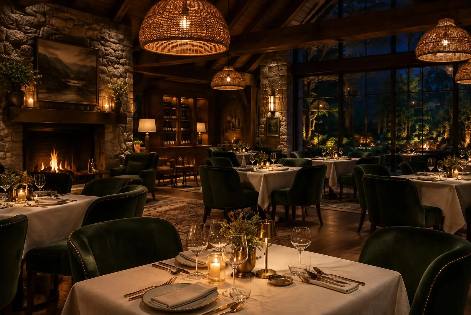 Candlelit lodge restaurant with stone walls and green velvet chairs