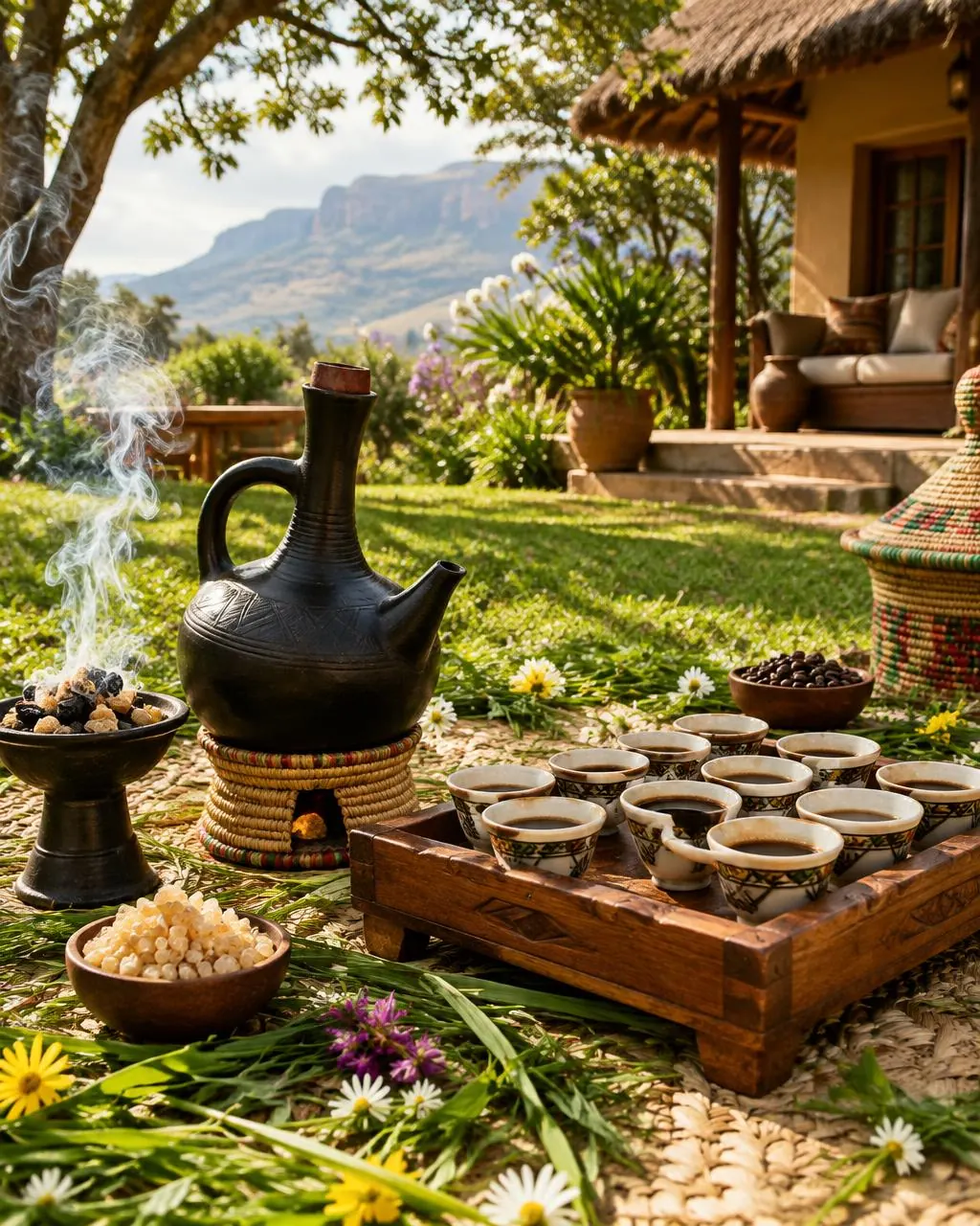Traditional Ethiopian coffee ceremony with a clay jebena in the garden