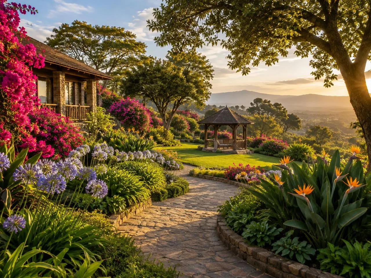 Flowering garden path leading to a timber gazebo at sunset