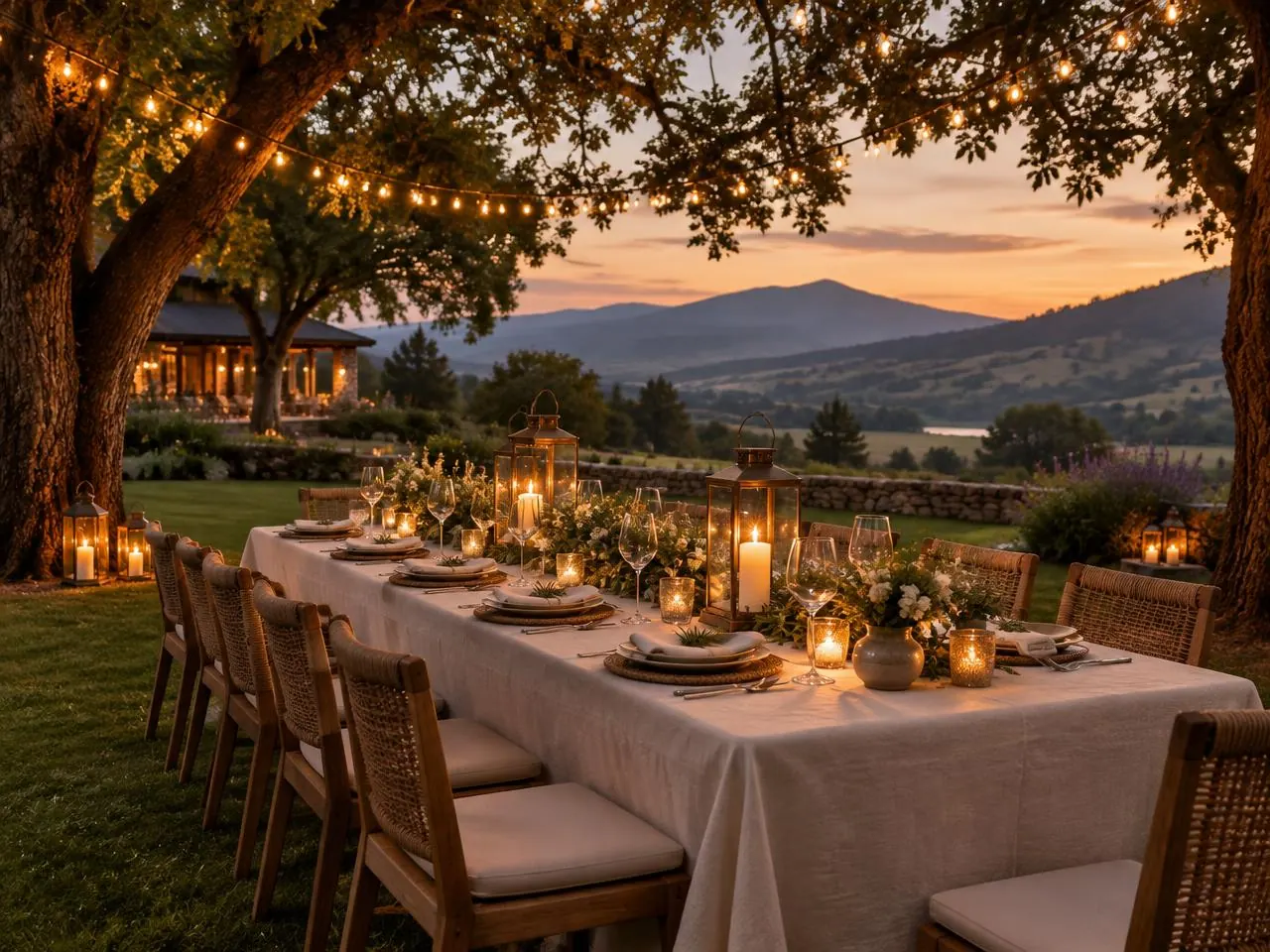 Candlelit outdoor dinner table on the garden lawn at dusk