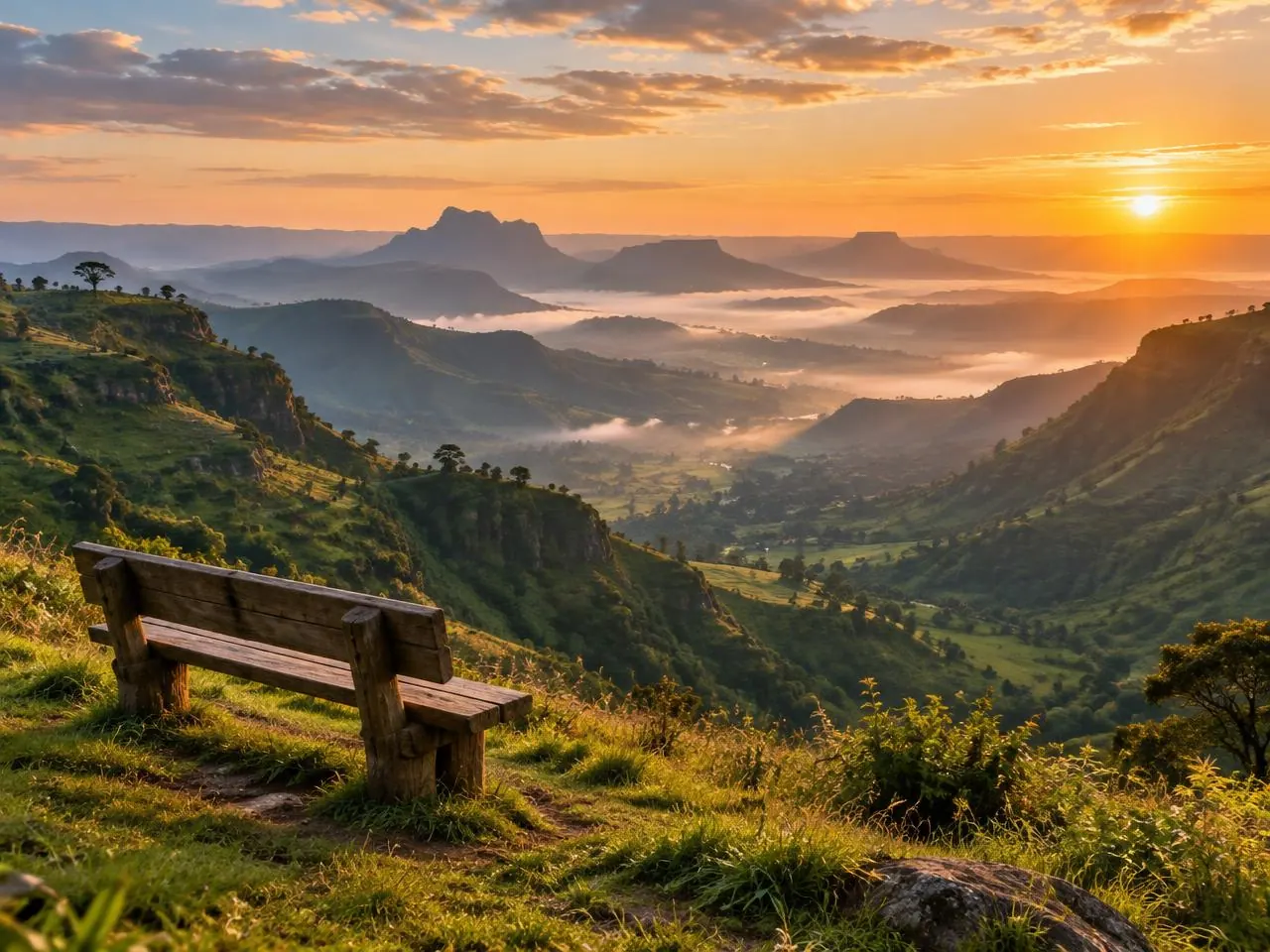 Wooden bench on a ridge overlooking highland valleys at sunrise