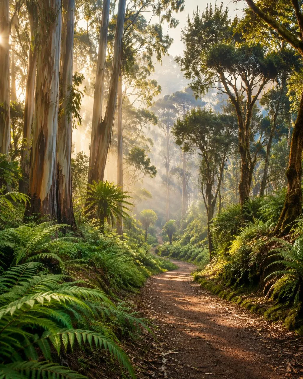 Morning light on a forest trail through tall eucalyptus trees