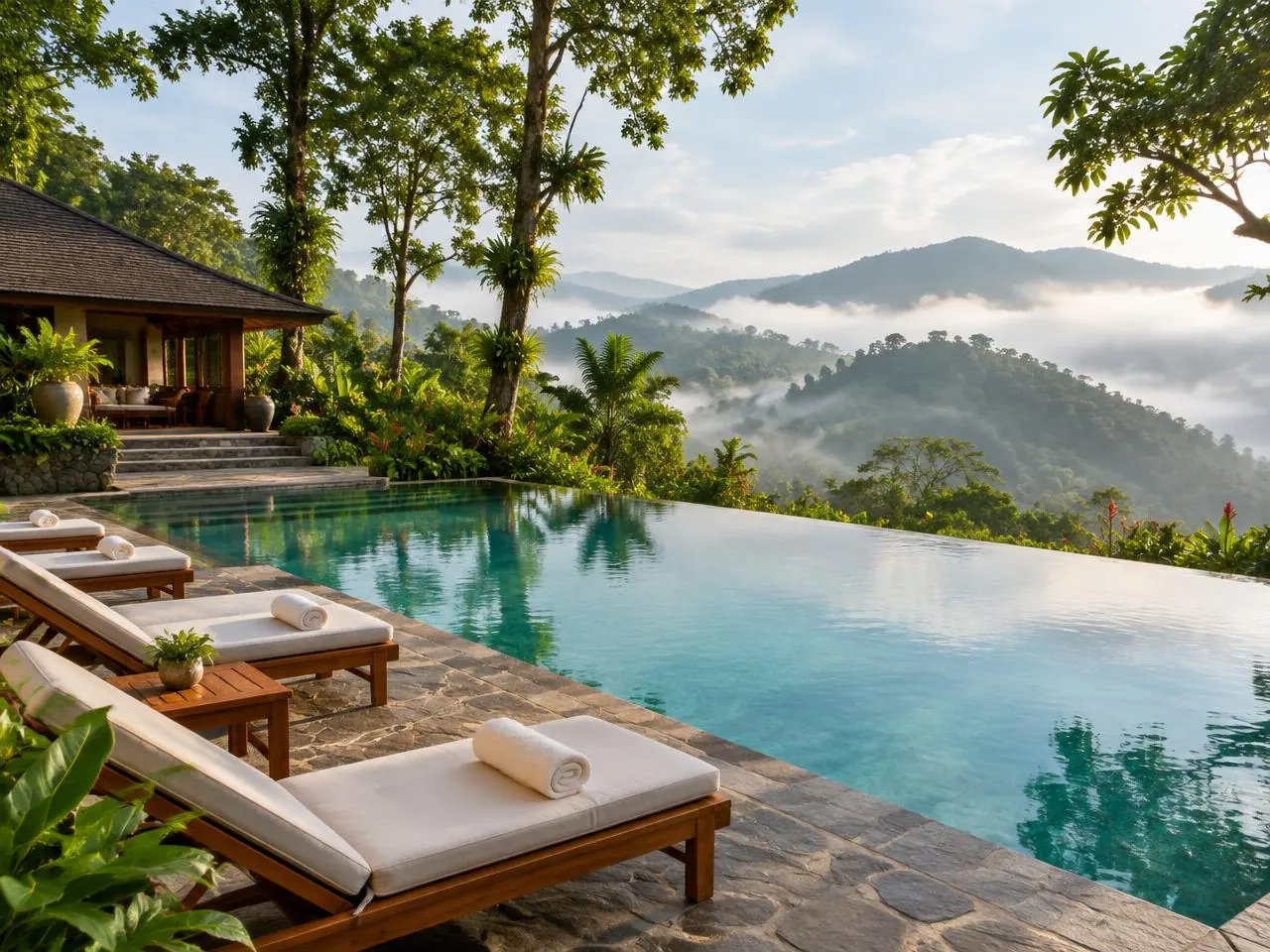 Infinity pool with loungers overlooking misty green hills