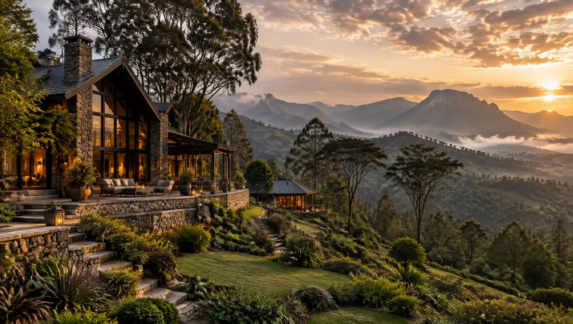Susan's Highland Lodge at golden hour above misty green highland valleys