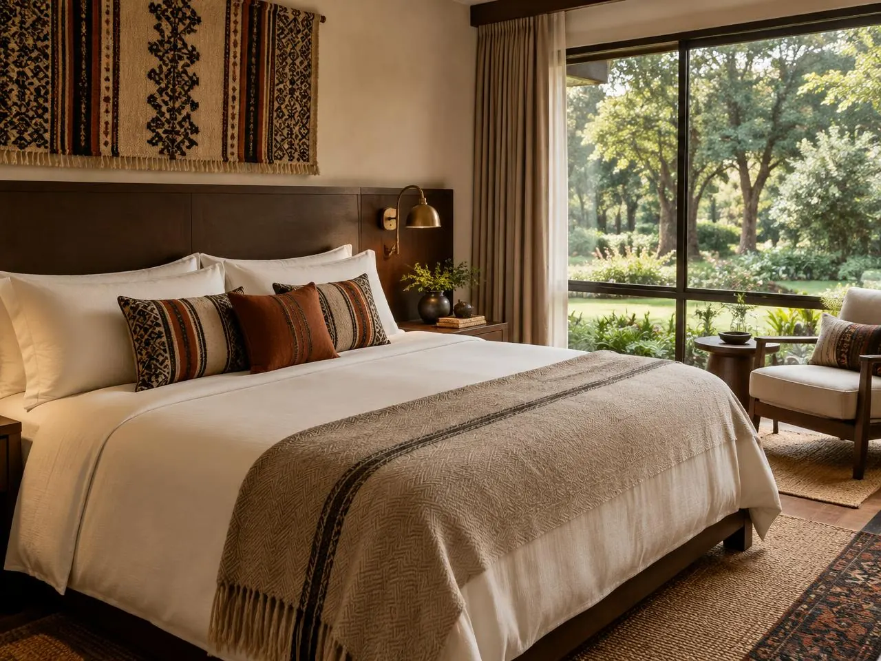 Deluxe Highland Room with ivory linen, woven textiles and a garden view