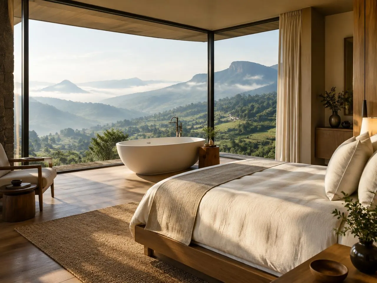 Panoramic View Suite with a freestanding bath facing highland mountains